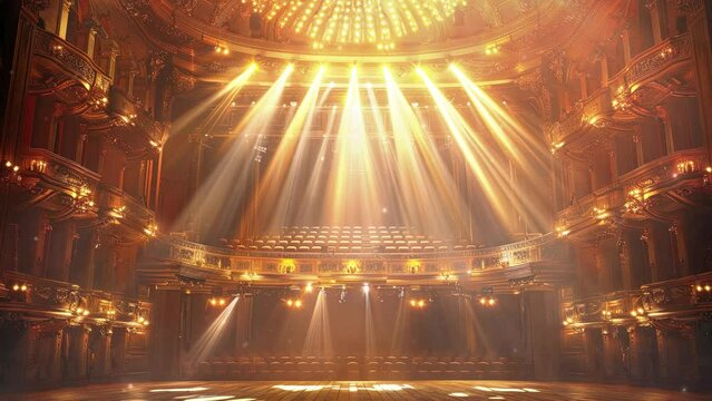 Theater stage with a spotlight and dramatic lighting. Style of classical drama and performance. Style of classical architecture. Beautiful vintage interior of the theater. Theater musical performances