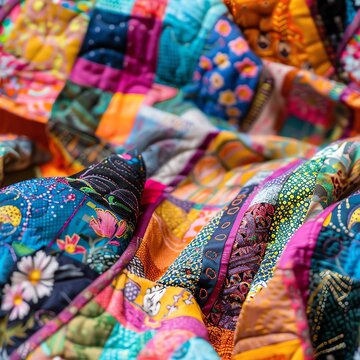 Close-up of a vibrant patchwork quilt on display at a craft fair, highlighting the meticulous stitching and rich variety of fabrics, ideal for a feature on the revival of traditional crafting techniqu