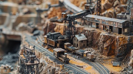 Model Train Railroad Tracks in a Miniature Mining Scene - Powered by Adobe