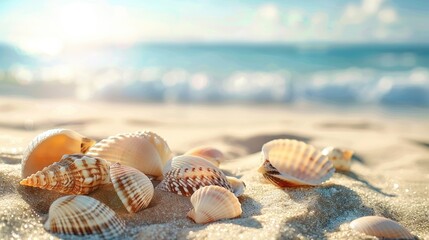 Seashells scattered on sandy tropical beach representing summer vacation and business travel concept