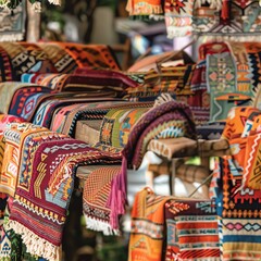 A vibrant display at a local market featuring colorful woven rugs, each showcasing traditional patterns and techniques passed down through generations, perfect for a cultural heritage magazine piece