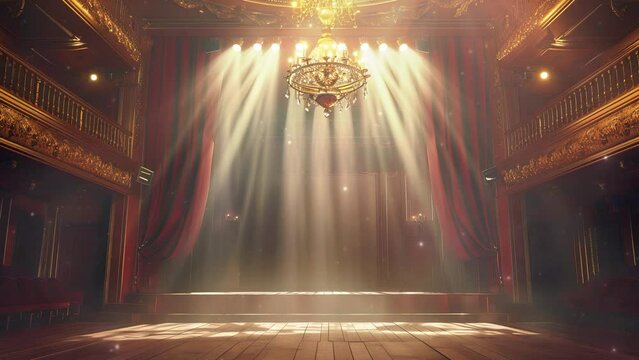 Theater stage with a spotlight and dramatic lighting. Style of classical drama and performance. Style of classical architecture. Beautiful vintage interior of the theater. Theater musical performances