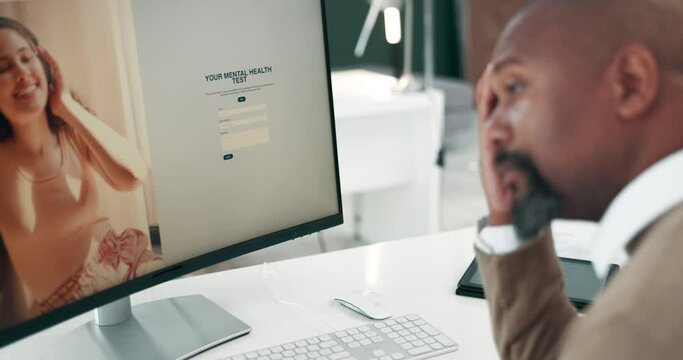 Website, screen and businessman on computer with stress for login information, forgot password or homepage access error. Office, burnout and frustrated person on pc for internet or online site glitch