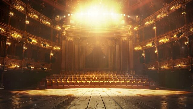 Theater stage with a spotlight and dramatic lighting. Style of classical drama and performance. Style of classical architecture. Beautiful vintage interior of the theater. Theater musical performances