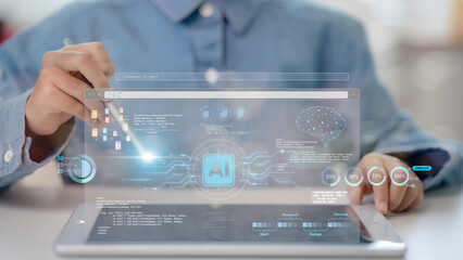 AI computing and Artificial Intelligence for big data analytics. A man working with Artificial Intelligence uses a command prompt to generate something, highlighting futuristic technology transformati