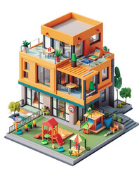 Modern family home with multiple bedrooms and a play area, isolated on a transparent background,isolated on transparent png background