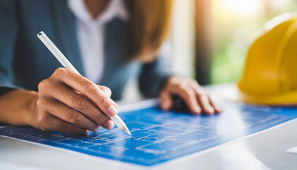 engineer's hand drawing plans with a pen on a blueprint, symbolizing precision and creativity in architectural design