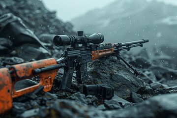 A close-up image of a sniper rifle resting on rocky terrain, surrounded by fog