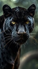 Obraz premium Black panther: A striking image of a black panther, showcasing its sleek, muscular form and piercing eyes, set against a dark, natural background to highlight its stealth and power. 