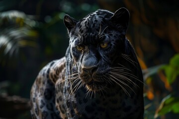 Black panther: A striking image of a black panther, showcasing its sleek, muscular form and piercing eyes, set against a dark, natural background to highlight its stealth and power. 