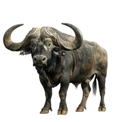 Obraz premium African buffalo standing with large curved horns on transparent background clipart