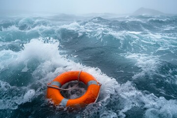 Lifebuoy in a turbulent sea: A dramatic scene of a bright orange lifebuoy bobbing in the rough, churning waves of a stormy sea, symbolizing hope and rescue amidst the chaos of the ocean