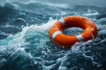 Lifebuoy in a turbulent sea: A dramatic scene of a bright orange lifebuoy bobbing in the rough, churning waves of a stormy sea, symbolizing hope and rescue amidst the chaos of the ocean