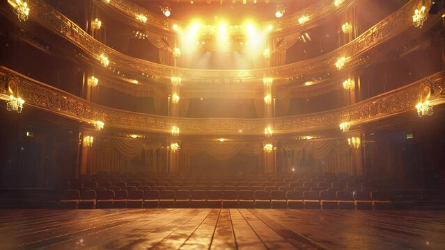 Theater stage with a spotlight and dramatic lighting. Style of classical drama and performance. Style of classical architecture. Beautiful vintage interior of the theater. Theater musical performances