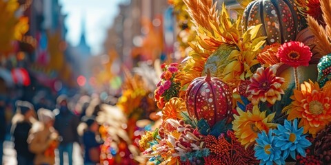 Joyful Participants in Colorful Costumes Marching in Thanksgiving Parade

