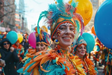 Fototapeta premium Joyful Participants in Colorful Costumes Marching in Thanksgiving Parade