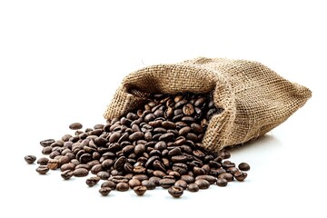 Fototapeta premium Coffee Beans Spilling Out of Burlap Sack on White Background