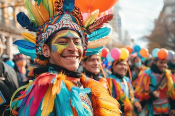 Fototapeta premium Joyful Participants in Colorful Costumes Marching in Thanksgiving Parade