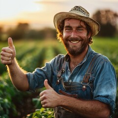 Fototapeta premium Happy Farmer Giving Thumbs Up in Lush Green Field