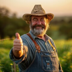 Fototapeta premium Happy Farmer Giving Thumbs Up in Lush Green Field
