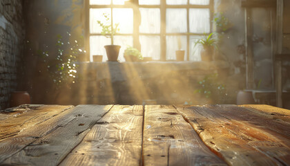 Sunlight Streaming through Vintage Window onto Wooden Table in Rustic Room Filled with Cozy Potted Plants