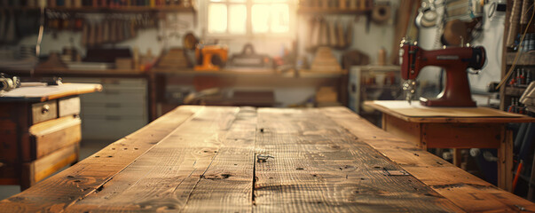 Warm and Inviting Workshop with Sunlit Workbench Showcasing Vintage Tools and Equipment in a Rustic Setting, Offering a Glimpse into Artisan Craftsmanship and Traditional Woodworking Techniques