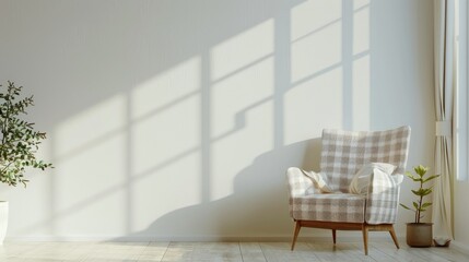 Fototapeta premium White plaid armchair next to bright wall