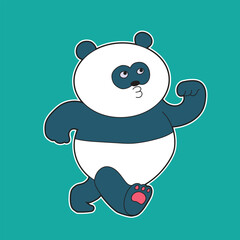drawing of a cute panda walking while giving a small whistle with a blue background.