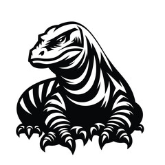 Illustration of a fierce komodo dragon in black and white