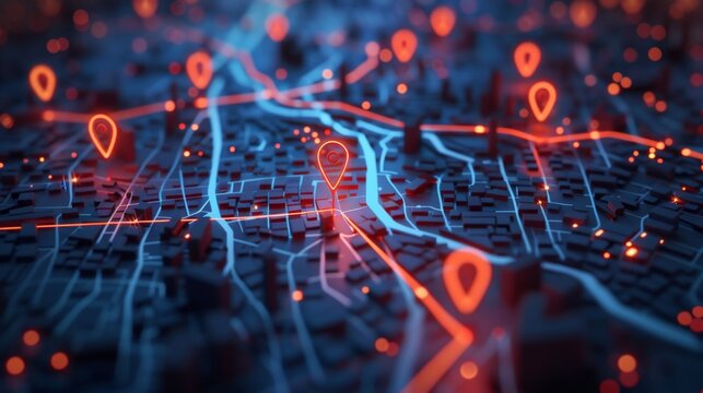 High-Tech City Map with GPS Markers - Generative AI