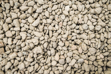 A spread of small white pumice stones. These stones are used as a growing medium for ornamental plants, especially cacti and bonsai.