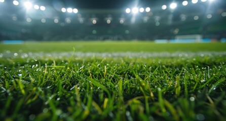 A field of green grass with a stadium in the background