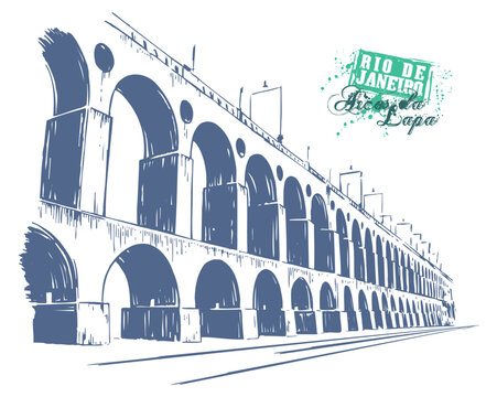 Vector illustration in stripped, hand-drawn strokes of Lapa's urban landscape, in the city of Rio de Janeiro, Brazil, in current times.