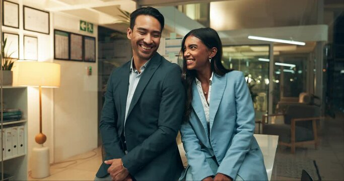 Business people, team and laughing in office at night with peace sign, fun overtime and project management partnership. Collaboration, friends and hand emoji with funny break, comic meeting and joke