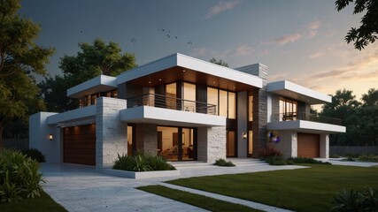 Design a minimalist modern house exterior influenced by the innovative style