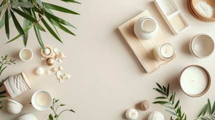 Fototapeta premium Contemporary items on neutral backdrop flat lay composition with text area