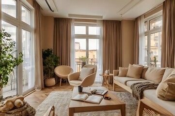 Fototapeta premium Beige home living room interior with eating table and relax zone, window.