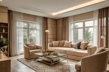 Beige home living room interior with eating table and relax zone, window.