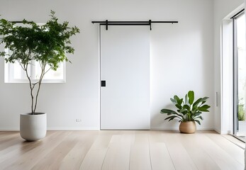 Indoor plant on wooden floor with empty white concrete wall background, Tree near door in bright living room of modern scandinavian house - Home interior 3d illustration
