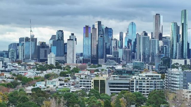 Albert Park lake and Melbourne CBD under cloudy skies