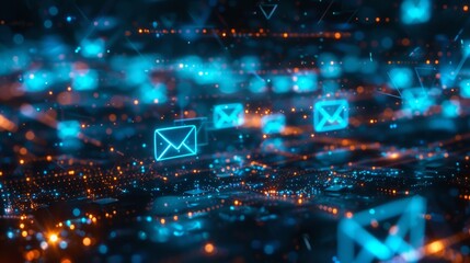 Fototapeta premium Abstract Digital Communication Network with Glowing Email Icons, Generative AI