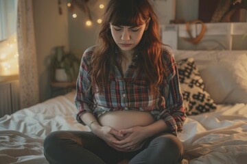 Obraz premium Pregnant woman relaxing on bed with hands on stomach, eyes closed, pregnancy health and wellness concept