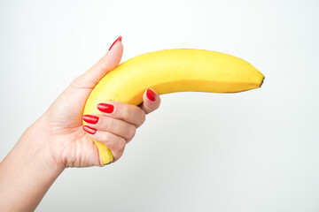 Hands of a woman with bright red nail polish holding large curvy banana fruit isolated on white background. Illustration for sex workers, sexual scenes, and male genitalia penis.