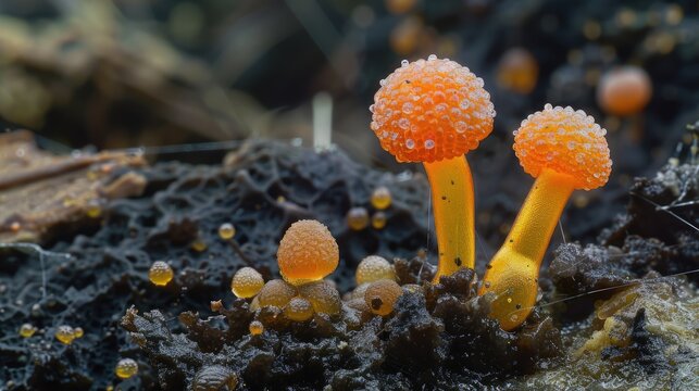 Two colonies of slime mold likely Diachea sp meet on organic material