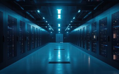 Dark Server Room with Blue Lighting