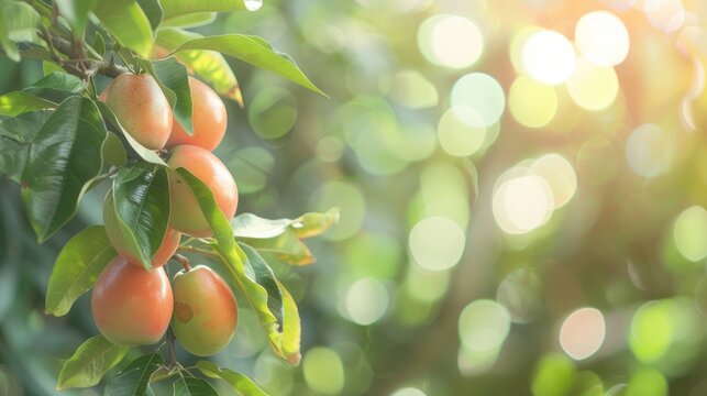 Blurred image of sapodilla fruit in a garden