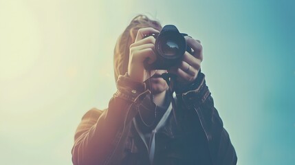 Fototapeta premium Focused Woman Photographer Capturing Moment Through with Attention and Passion
