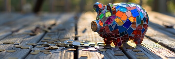 Vibrant Mosaic Piggy Bank Reflecting Kaleidoscope of Hues on Rustic Wooden Table