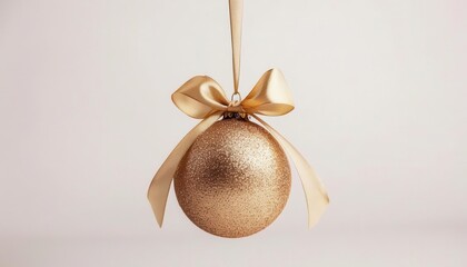 shimmering gold christmas ornament with luxurious ribbon and bow floating elegantly on a clean background festive holiday decoration - Powered by Adobe