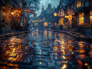 A low view of a cobblestone street in the rain with brightly colored lights reflected in the water. 